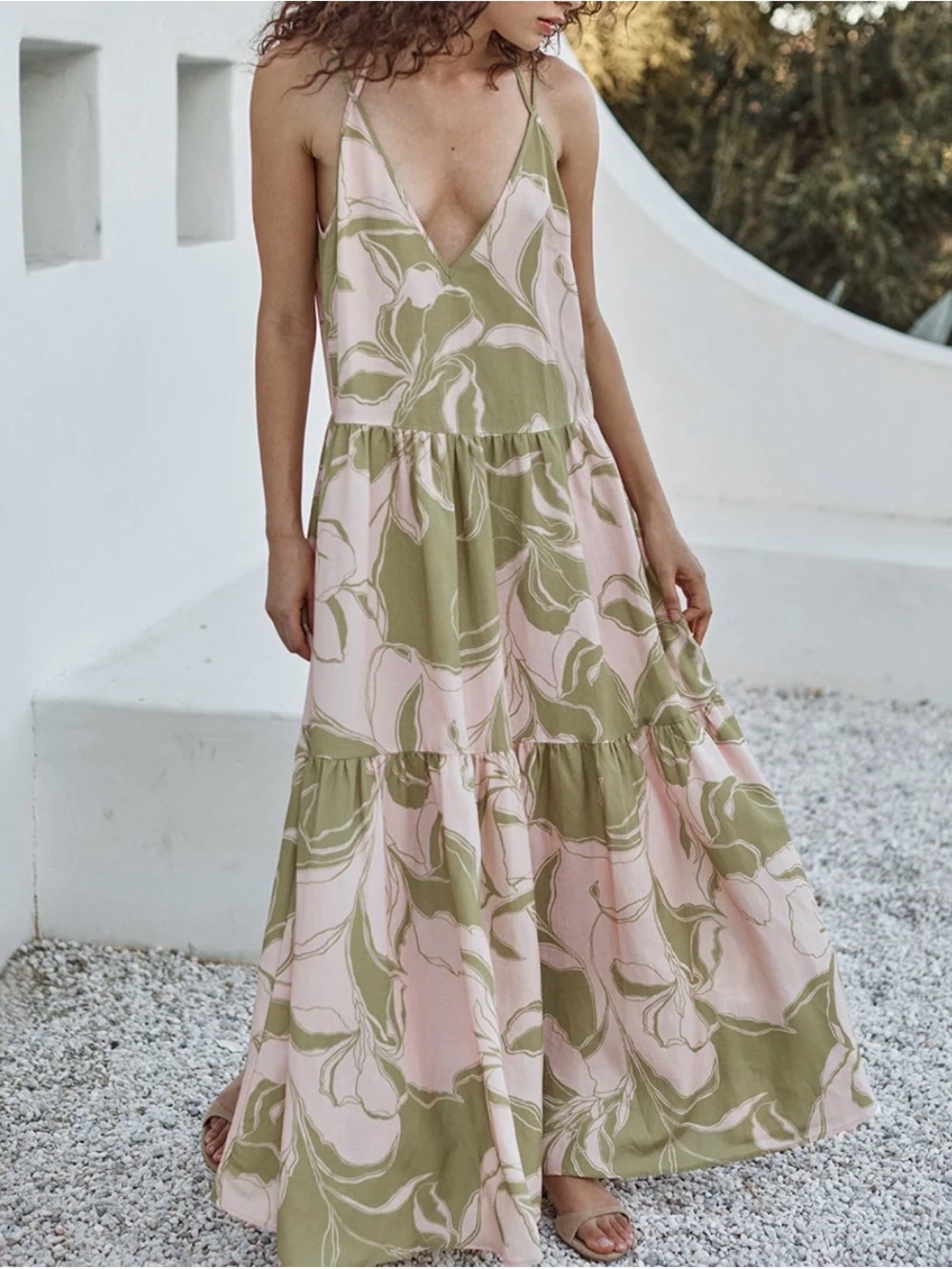 Misa Los Angeles Pink and Olive Floral V-Neck Tiered Maxi Dress